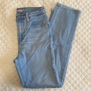 Levi’s 724 High Rise Straight Light Blue Denim Jeans with Frayed Bottoms